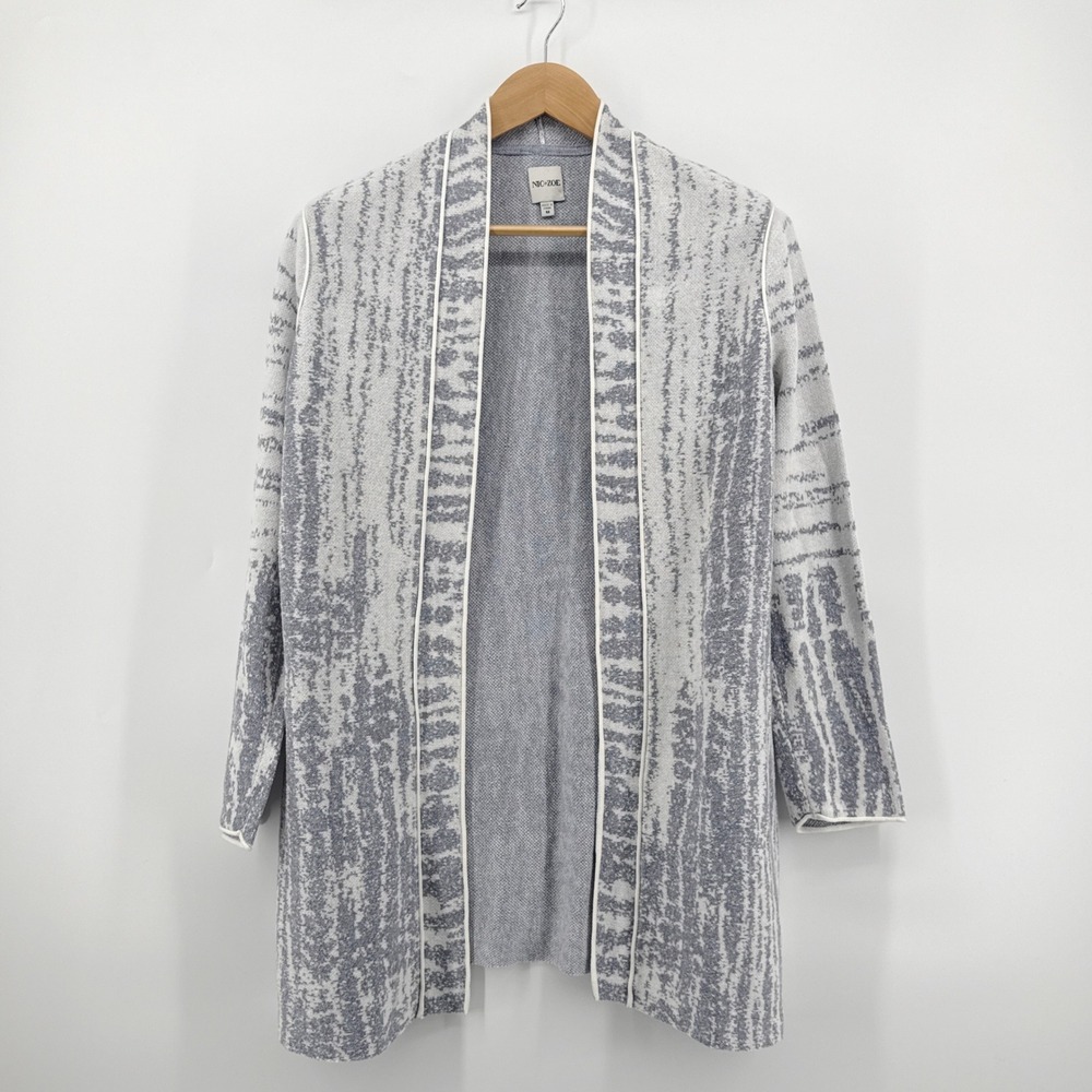 NIC+ZOE Blue/Gray Abstract Knit Open Front Linen Blend Cardigan Sweater Medium